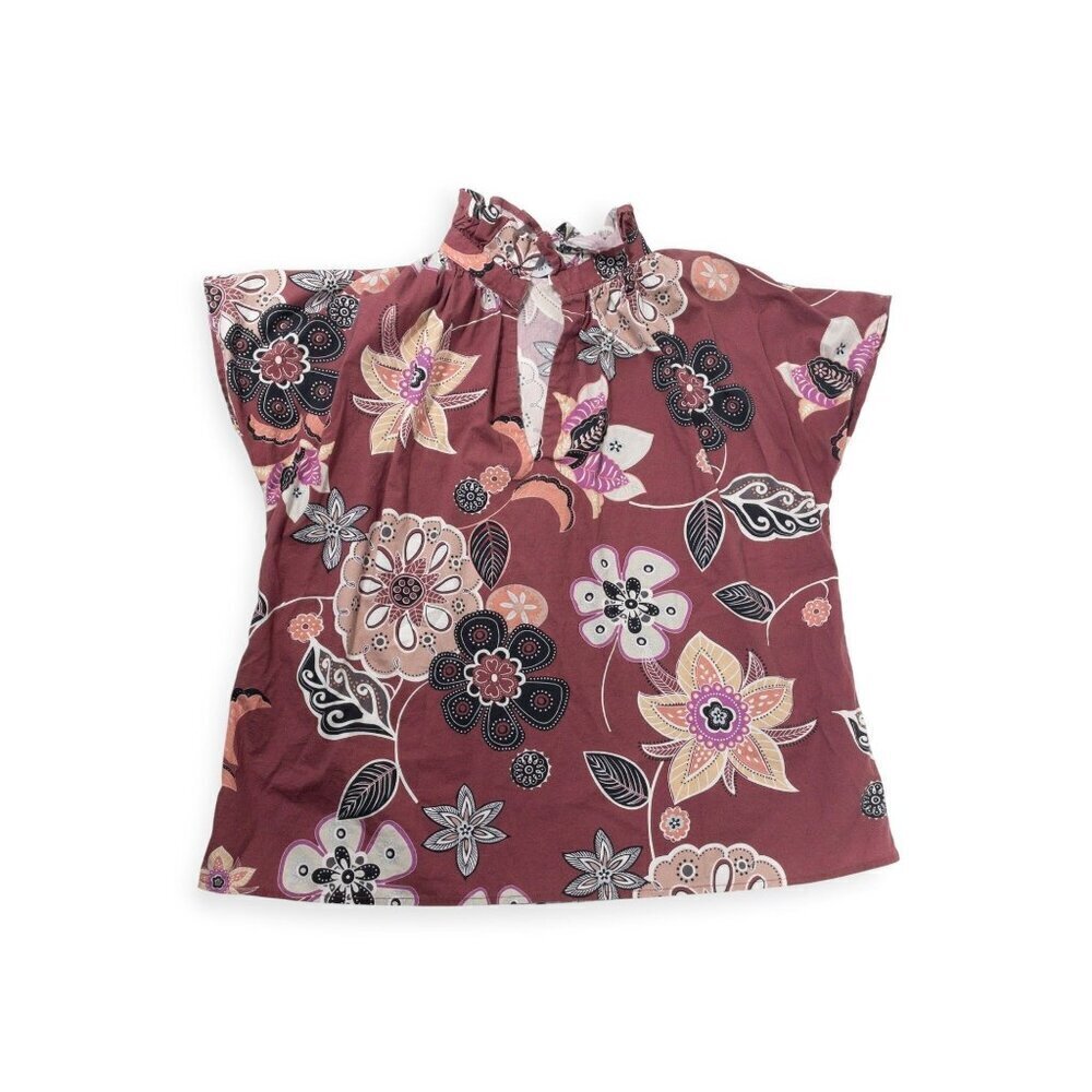 Never A Wallflower Vicki Short Sleeve Top Floral Print SZ S Ruffle Neck 100% Cot